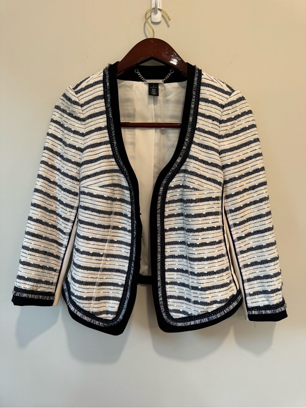 White House Black Market Navy White Striped Tweed Jacket | Size 4